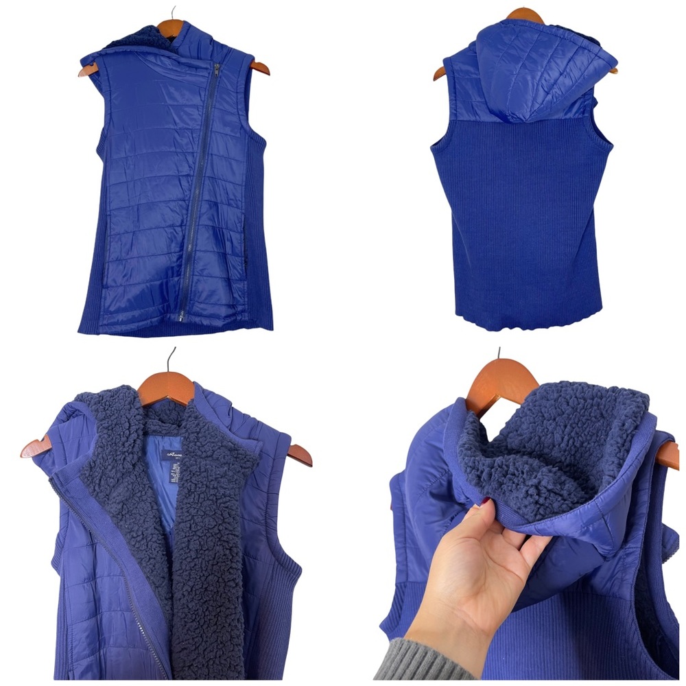 ANNA CAI Ribbed Knit Sherpa Hooded Full Zip Vest size M Navy Blue